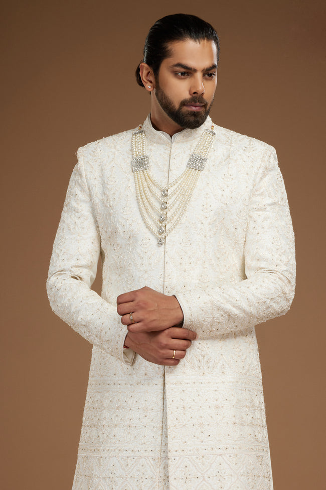 Off White Color Anarkali Style Groom Embroidered Sherwani For Men