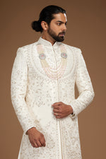 White Embroidered Groom Sherwani Set In Silk For Men