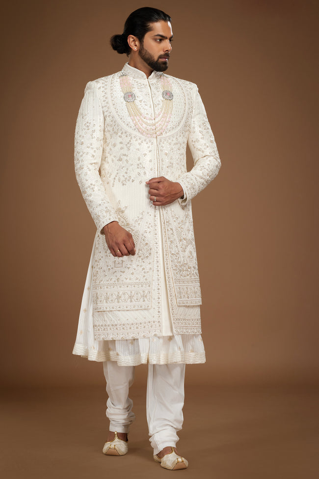 White Embroidered Groom Sherwani Set In Silk For Men