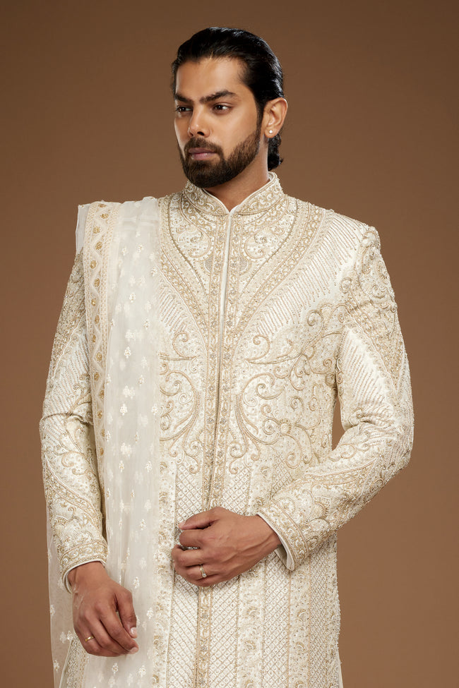 Cream Attractive Groom Embroidered Sherwani For Men