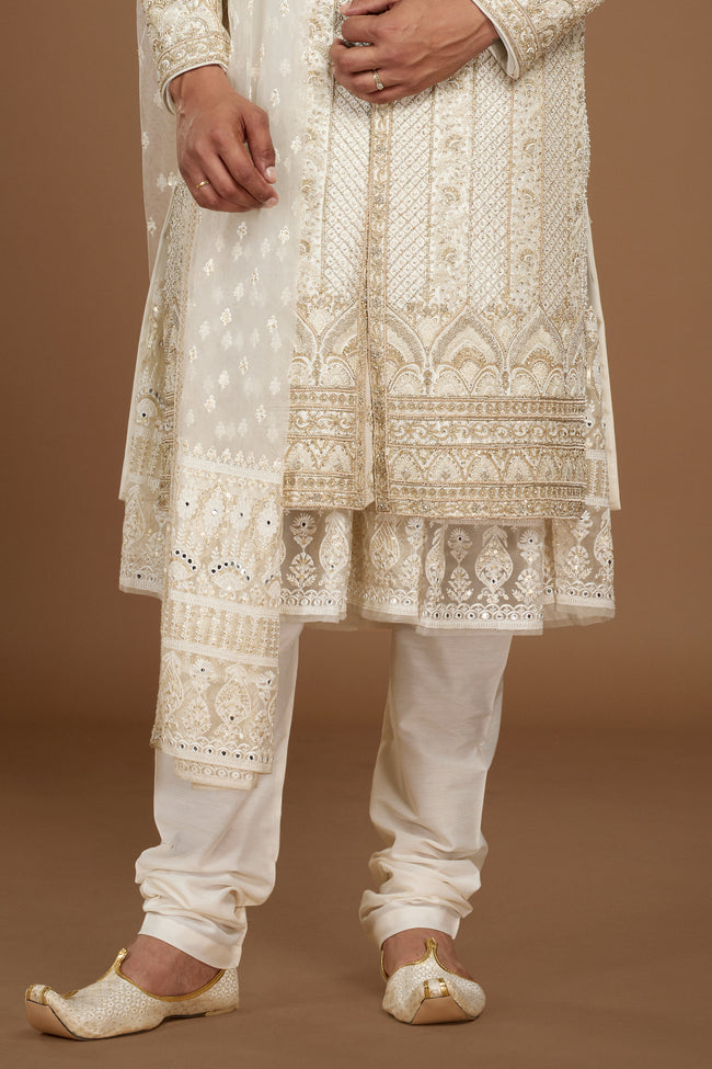 Cream Attractive Groom Embroidered Sherwani For Men