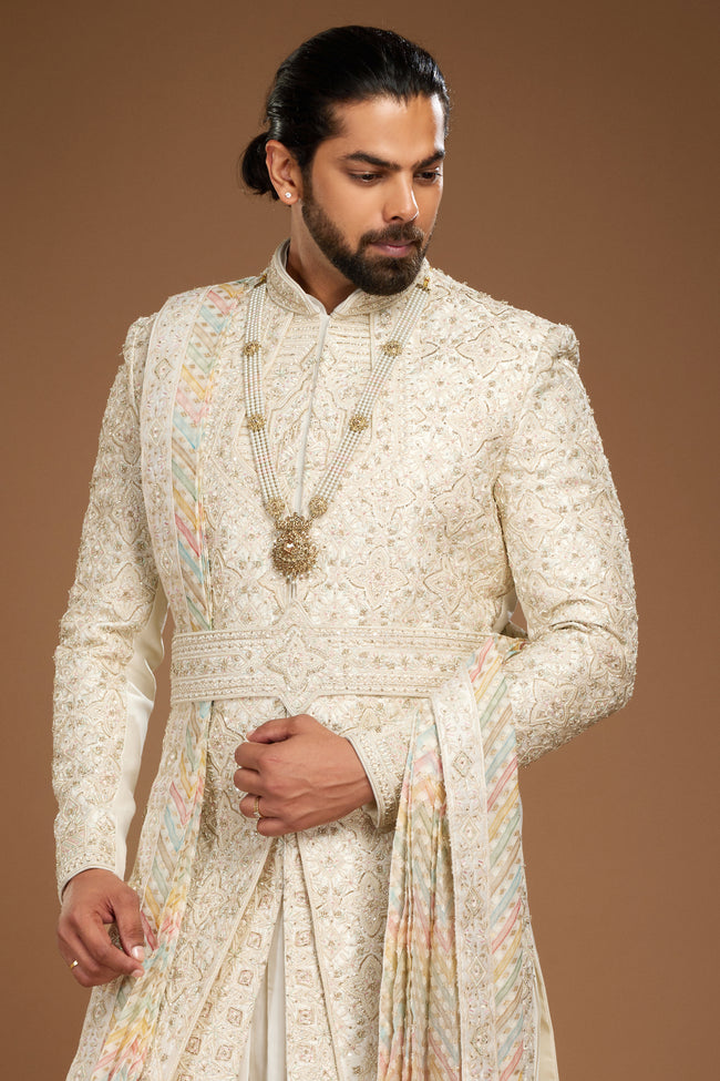 Cream GoldAnarkali Style Embroidered Sherwani For Wedding