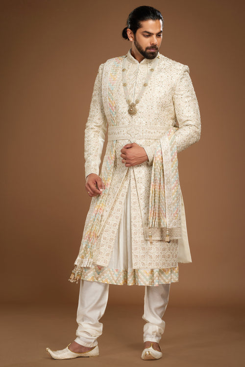 Cream GoldAnarkali Style Embroidered Sherwani For Wedding