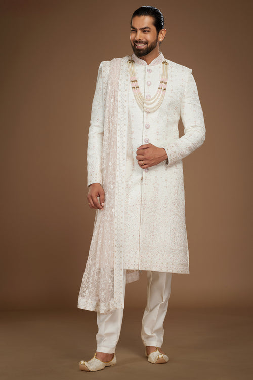 White Groom Embroidered Sherwani In Silk For Men