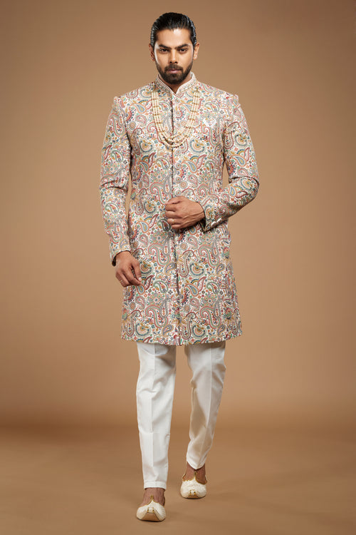 Off White Sherwani Set In Silk With Kashmiri Embroidery For Men