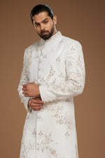 White Sherwani Set In Silk With Embroidered Work For Men