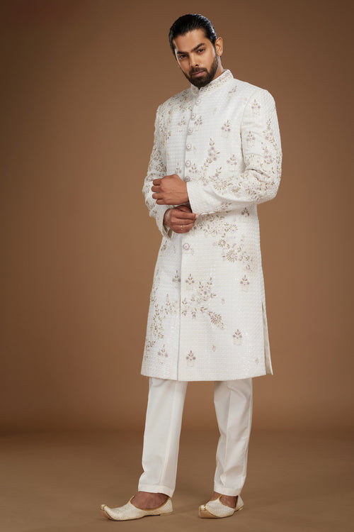 White Sherwani Set In Silk With Embroidered Work For Men