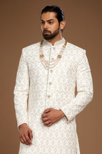 Off White Embroidered Sherwani Set In Silk For Men