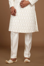 Off White Embroidered Sherwani Set In Silk For Men