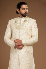 Cream Embroidered Silk Sherwani For Groom Men