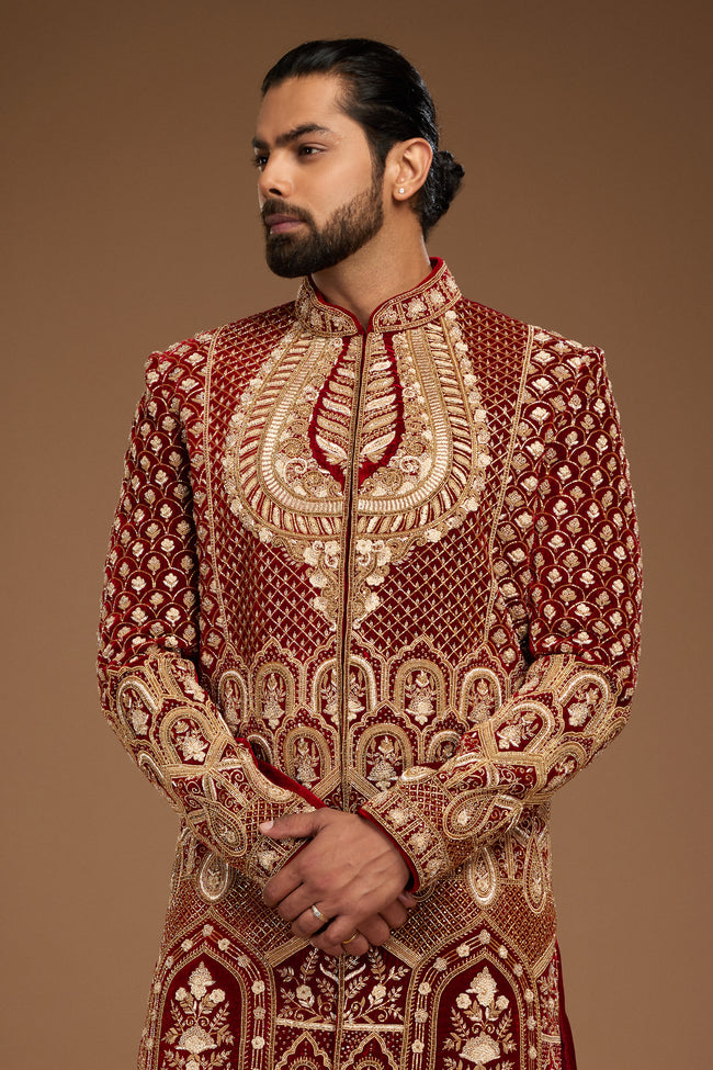 Maroon Wedding Wear Embroidered Sherwani In Velvet For Men