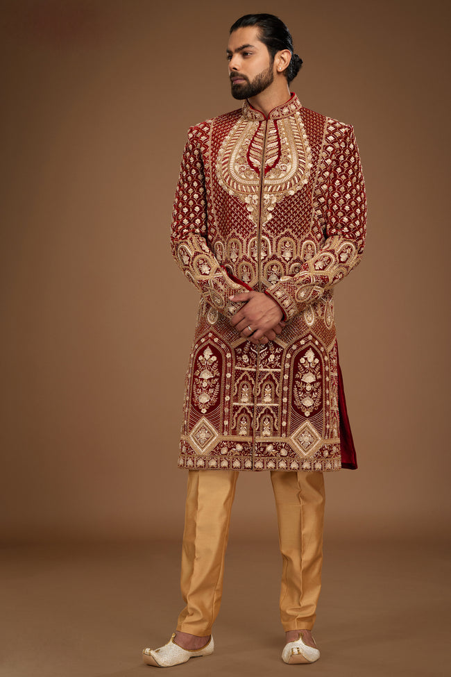 Maroon Wedding Wear Embroidered Sherwani In Velvet For Men