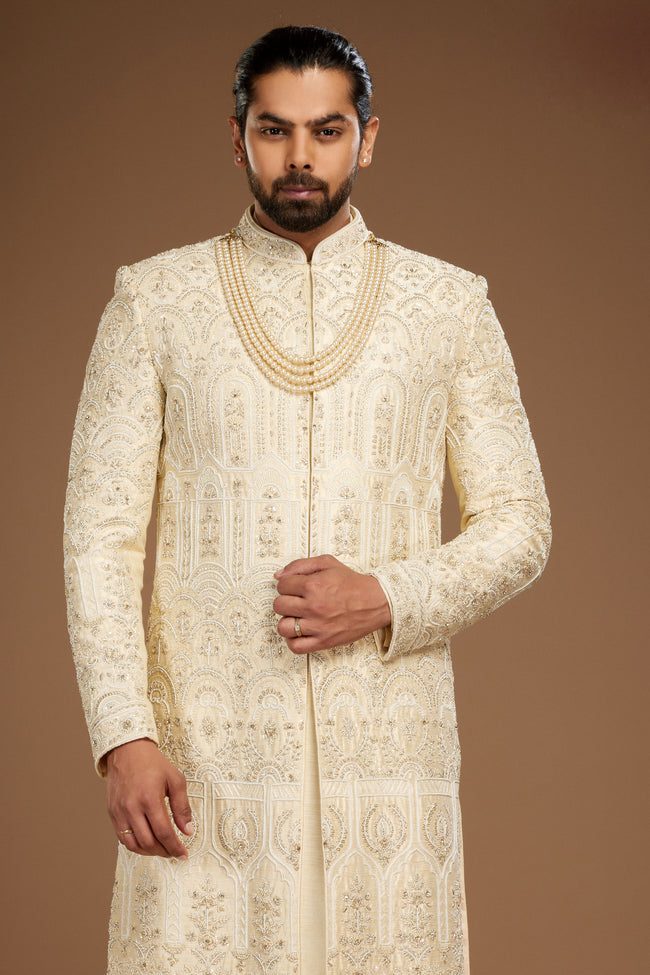 Cream Embroidered Sherwani Set In Silk For Men