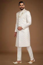 White Sherwani Set In Silk With Thread Work For Men