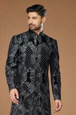 Black Readymade Art Banarasi Silk Sherwani With Embroidered Work For Men