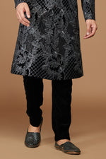 Black Readymade Art Banarasi Silk Sherwani With Embroidered Work For Men