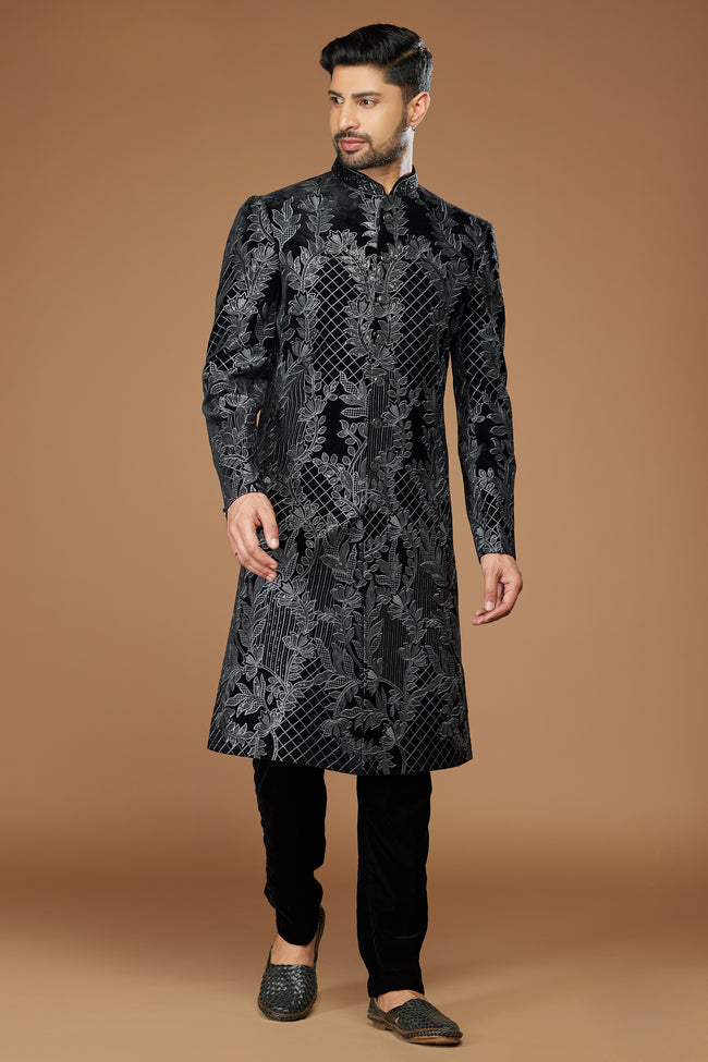 Black Readymade Art Banarasi Silk Sherwani With Embroidered Work For Men