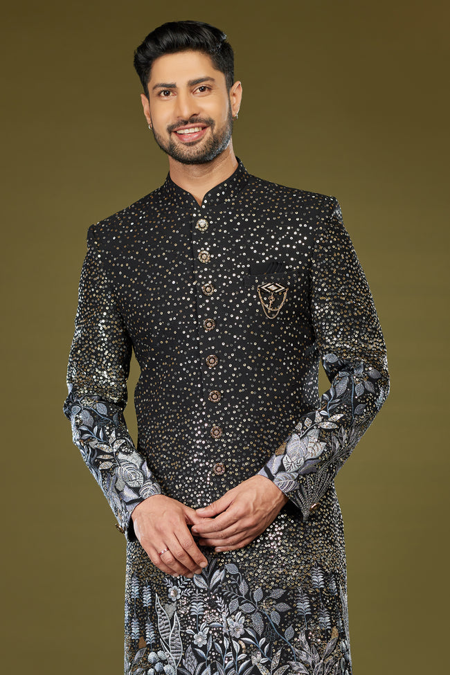 Dark Grey And Black Wedding Wear Embroidered Sherwani For Men