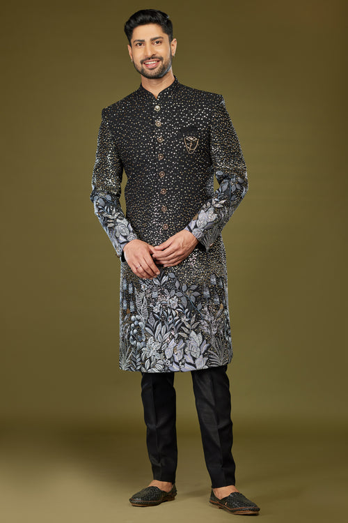 Dark Grey And Black Wedding Wear Embroidered Sherwani For Men