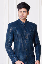 Midnight Blue Embroidered Semi-Indowestern Sherwani Set In Silk For Men