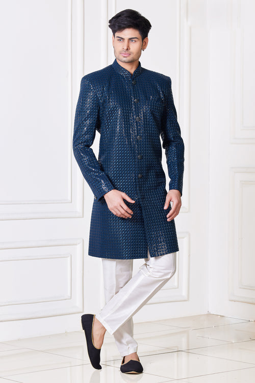 Midnight Blue Embroidered Semi-Indowestern Sherwani Set In Silk For Men