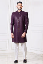 Dark Purple Embroidered Semi-Indowestern Sherwani Set In Silk For Men