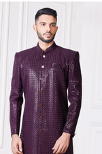 Dark Purple Embroidered Semi-Indowestern Sherwani Set In Silk For Men