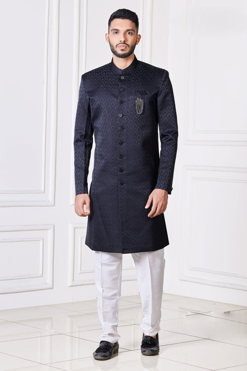 Navy Blue Jacquard Silk Semi-Indowestern For Men