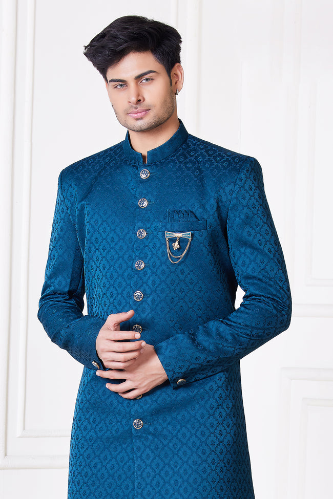 Royal Blue Jacquard Silk Semi-Indowestern For Men
