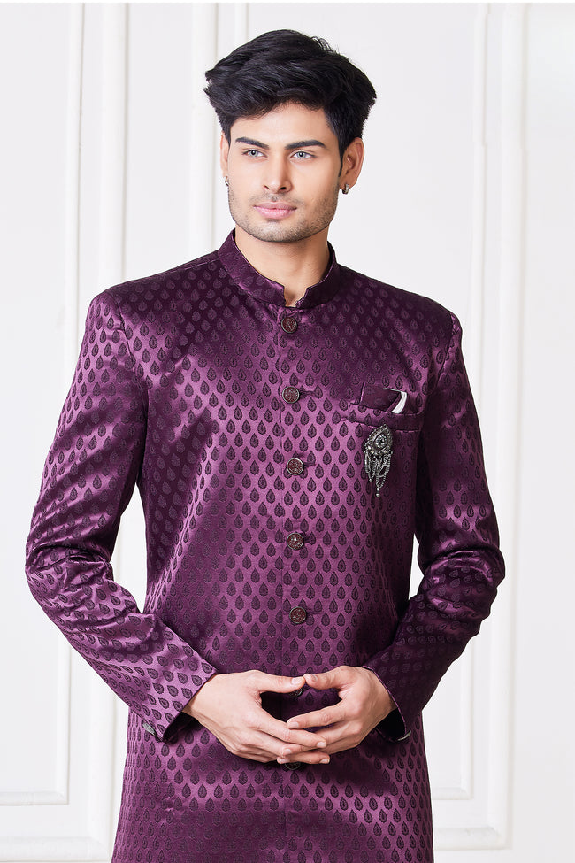 Purple Jacquard Silk Semi-Indowestern For Men