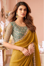 Mustard Yellow Georgette Silk Embroidered Fancy Saree