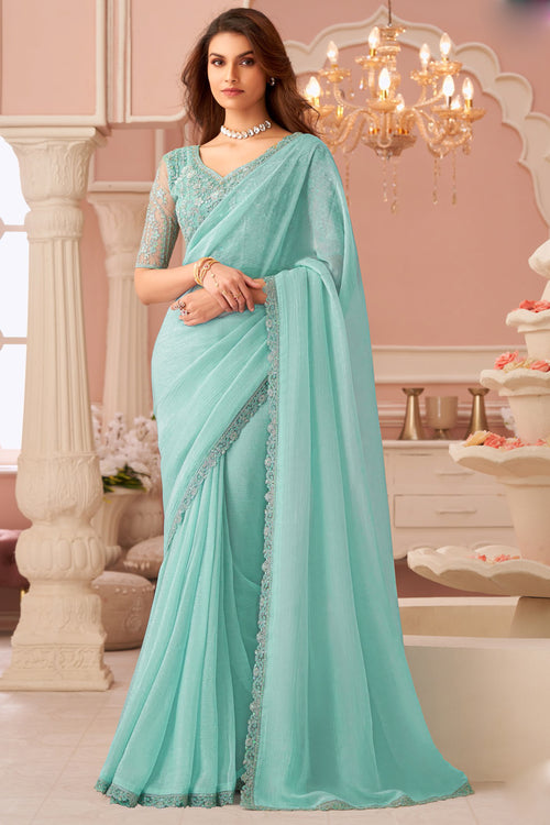 Aquamint Georgette Saree with Embroidered Blouse