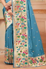 Sky Blue Wedding Wear Zari Weaving Paithani Silk Saree