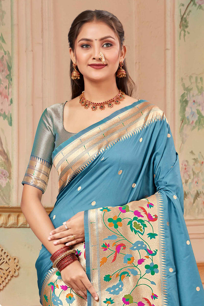 Sky Blue Wedding Wear Zari Weaving Paithani Silk Saree
