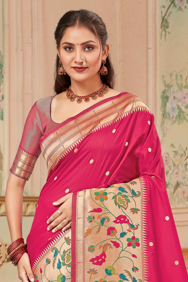 Pink & Gold Wedding Wear Zari Weaving Paithani Silk Saree