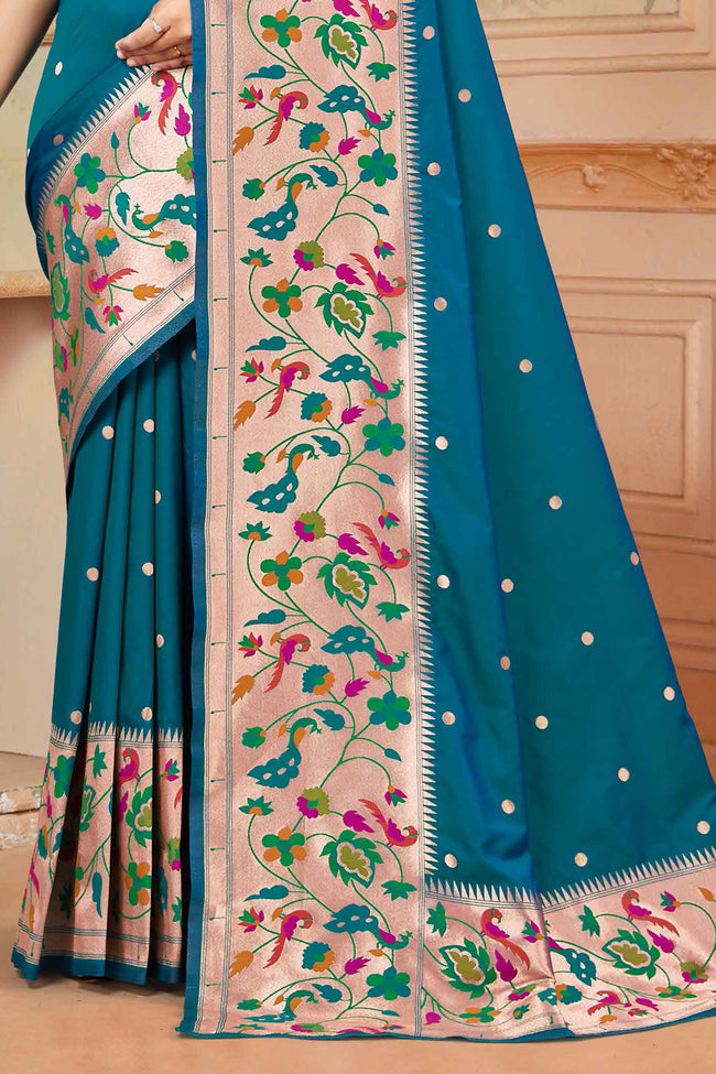 Rama Blue Wedding Wear Zari Weaving Paithani Silk Saree