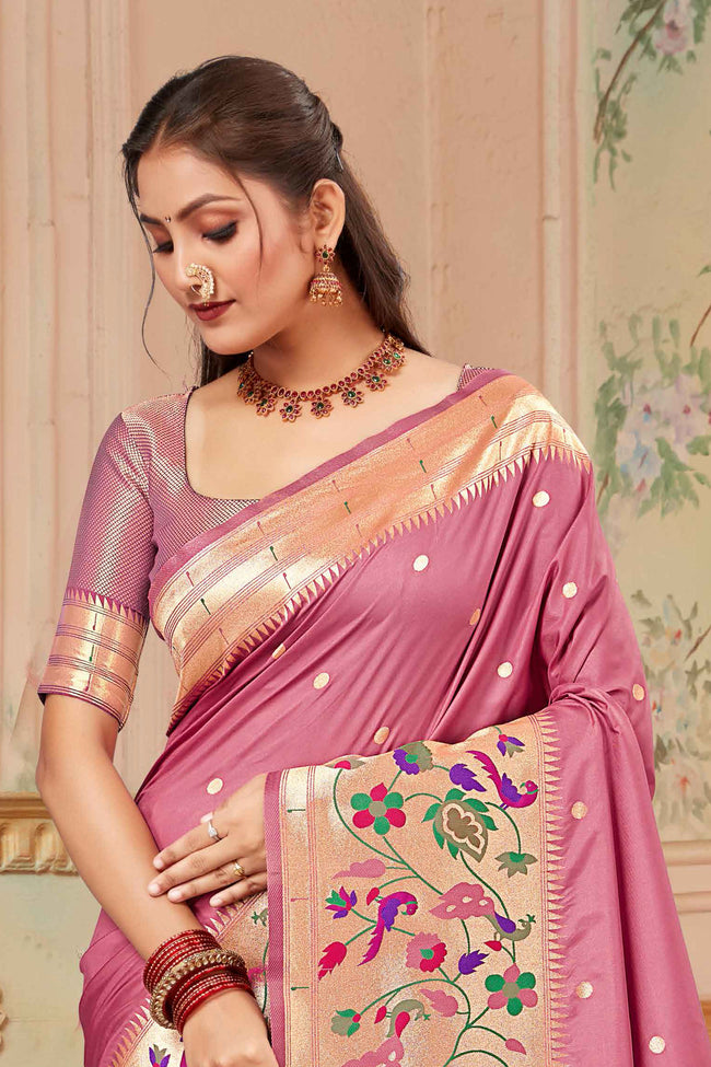 Gajari Pink Wedding Wear Zari Weaving Paithani Silk Saree