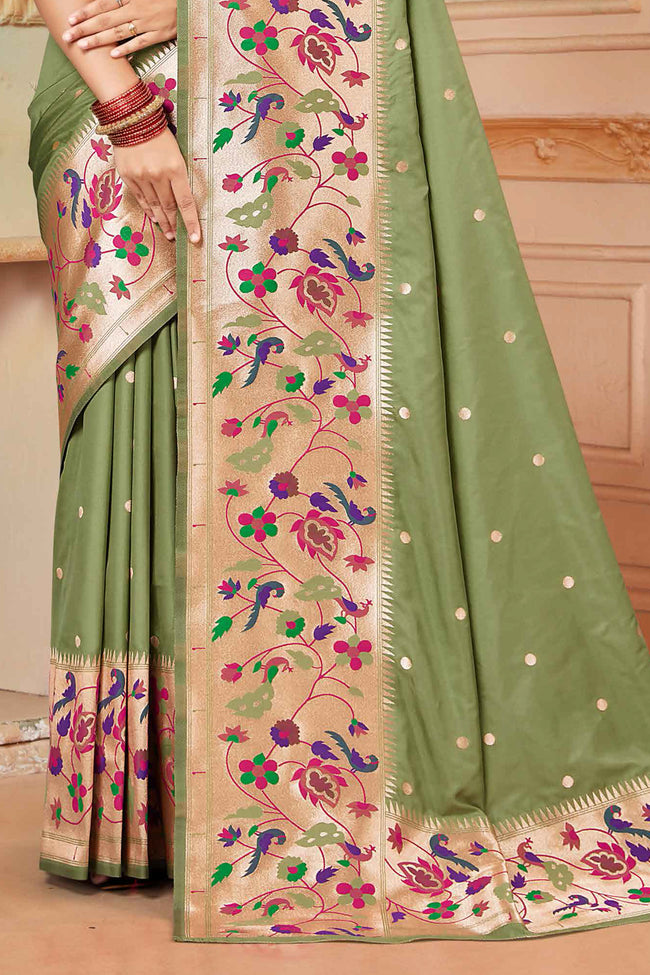 Olive Green Wedding Wear Zari Weaving Paithani Silk Saree