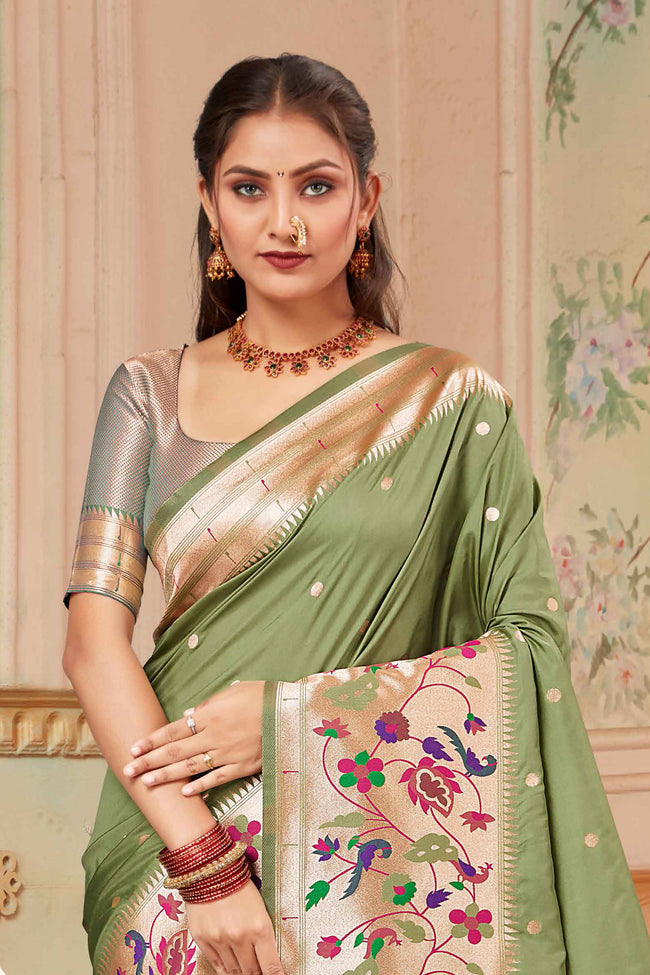 Olive Green Wedding Wear Zari Weaving Paithani Silk Saree