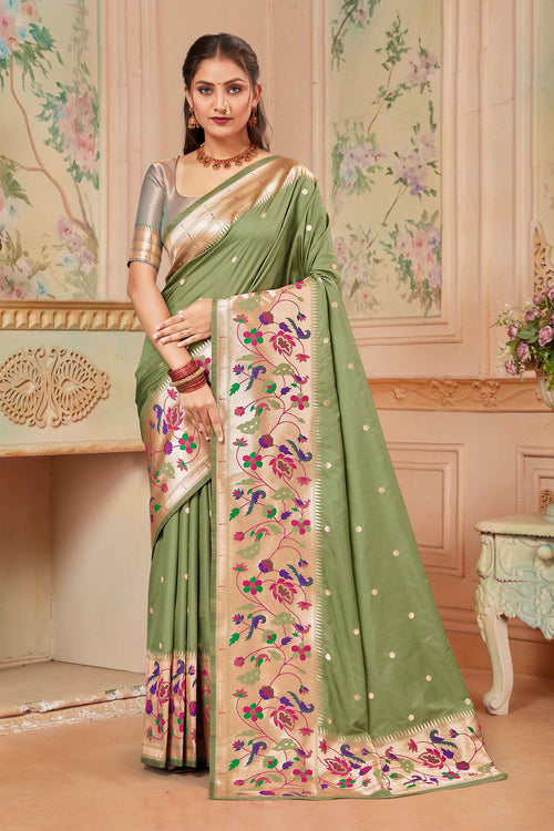 Olive Green Wedding Wear Zari Weaving Paithani Silk Saree