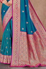 Teal Blue With Pink Woven Art Silk Saree