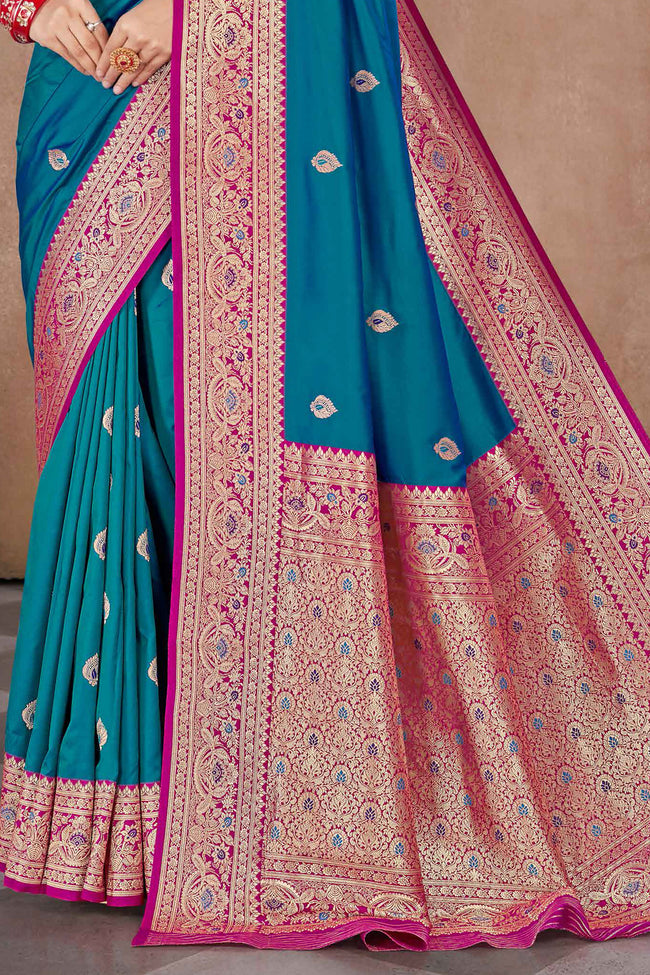Teal Blue With Pink Woven Art Silk Saree