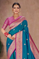 Teal Blue With Pink Woven Art Silk Saree