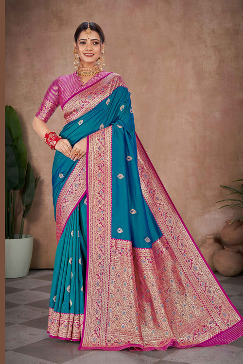 Teal Blue With Pink Woven Art Silk Saree