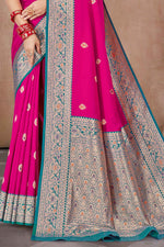 Ruby Pink With Blue Banarasi Silk Weaved Broad Border Saree
