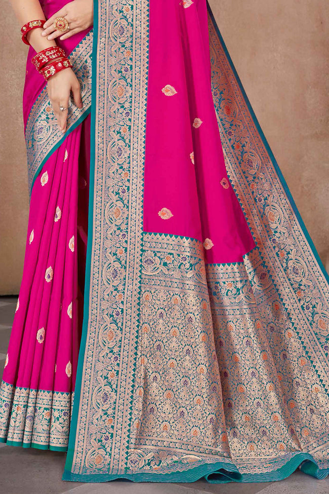 Ruby Pink With Blue Banarasi Silk Weaved Broad Border Saree