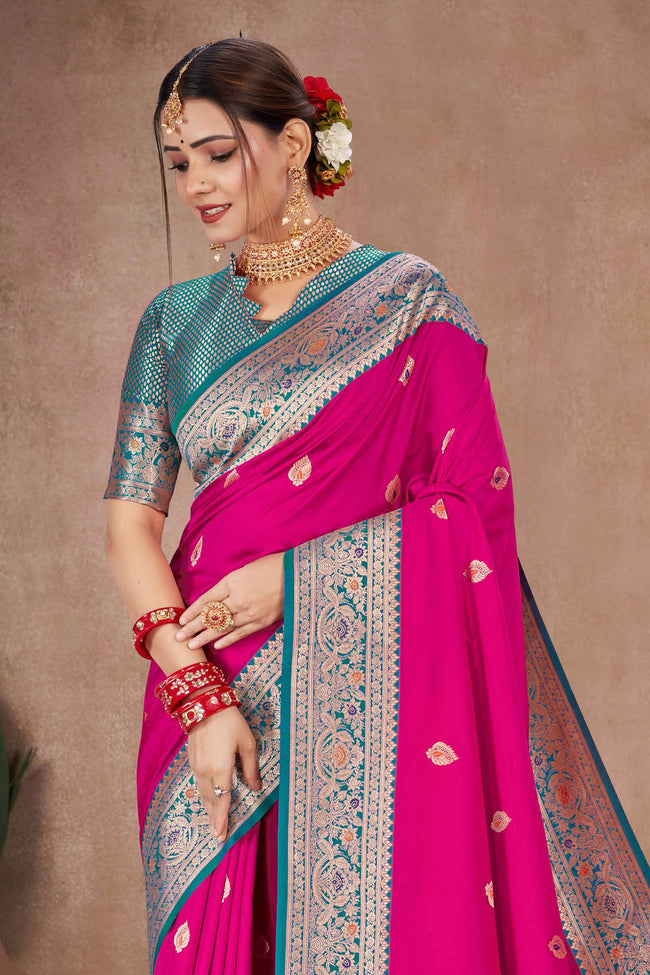 Ruby Pink With Blue Banarasi Silk Weaved Broad Border Saree