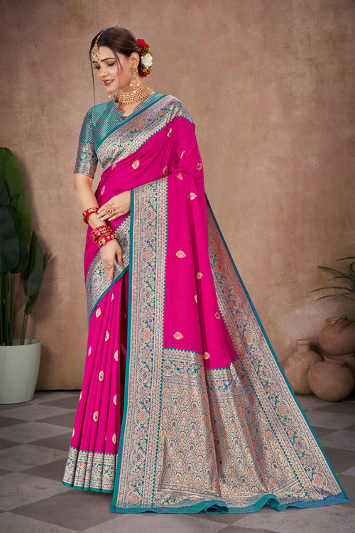Ruby Pink With Blue Banarasi Silk Weaved Broad Border Saree
