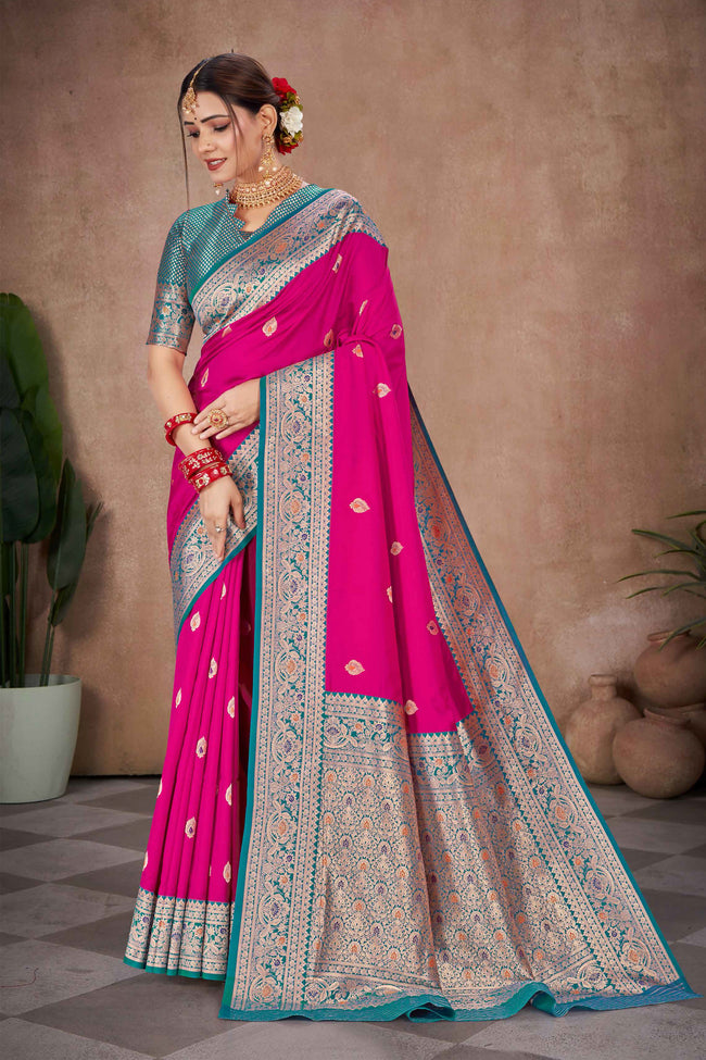 Ruby Pink With Blue Banarasi Silk Weaved Broad Border Saree