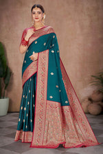 Dark Aqua With Maroon Banarasi Silk Weaved Broad Border Saree